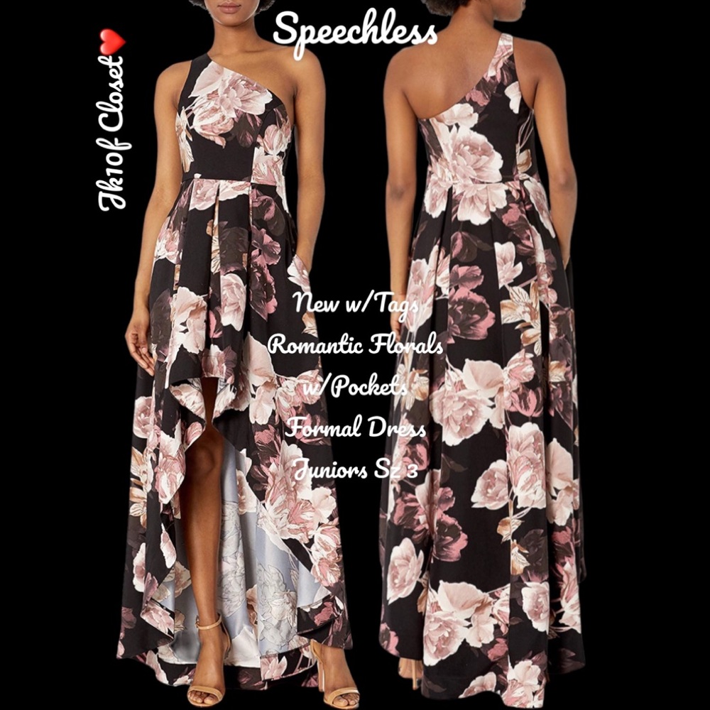 LOWEST🌺 NWT SPEECHLESS JRS Sz3 FLORALS ON BLACK w/ POCKETS FORMAL DRESS